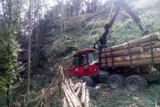 Forwarder Komatsu 840TX beim Aufladen im Gelände.